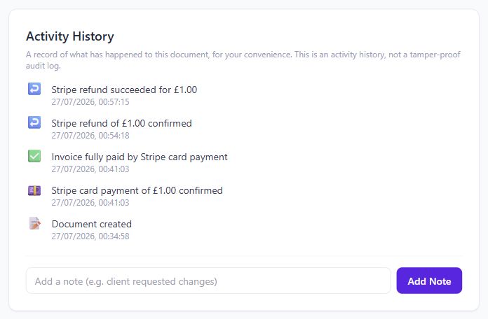 Tallyo activity history showing fictional document payment and refund events
