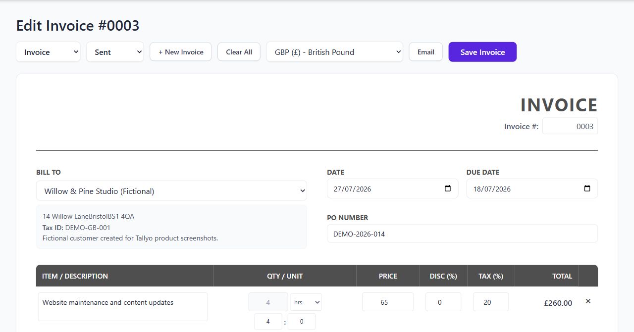 Tallyo invoice editor filled with fictional Willow and Pine Studio invoice details