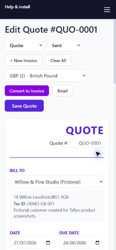 Tallyo quote editor on a mobile screen using fictional customer details