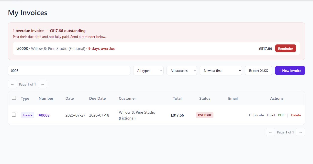 Tallyo invoices page showing a fictional overdue Willow and Pine Studio invoice