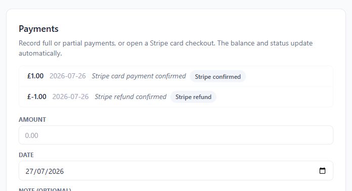Tallyo payment history showing a fictional one pound card payment and refund