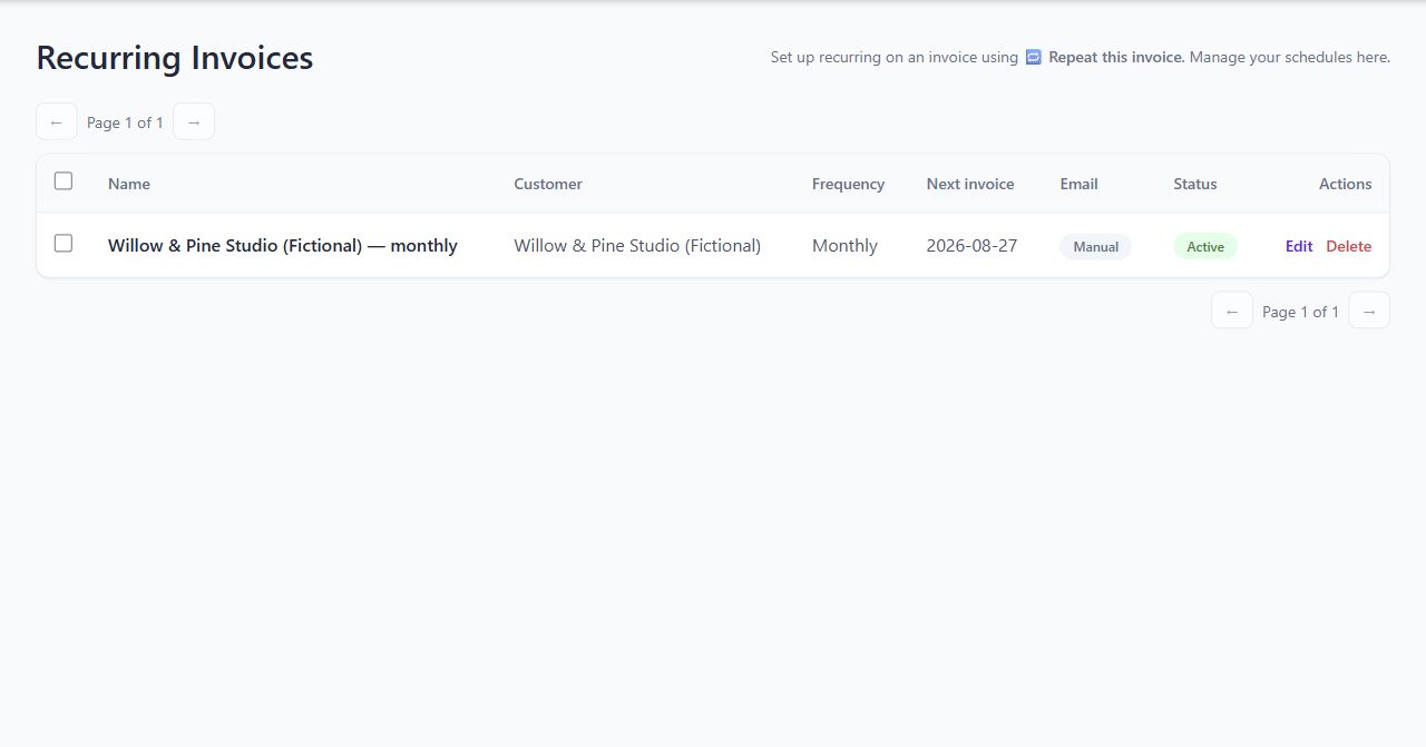 Tallyo recurring invoices page showing a fictional monthly schedule